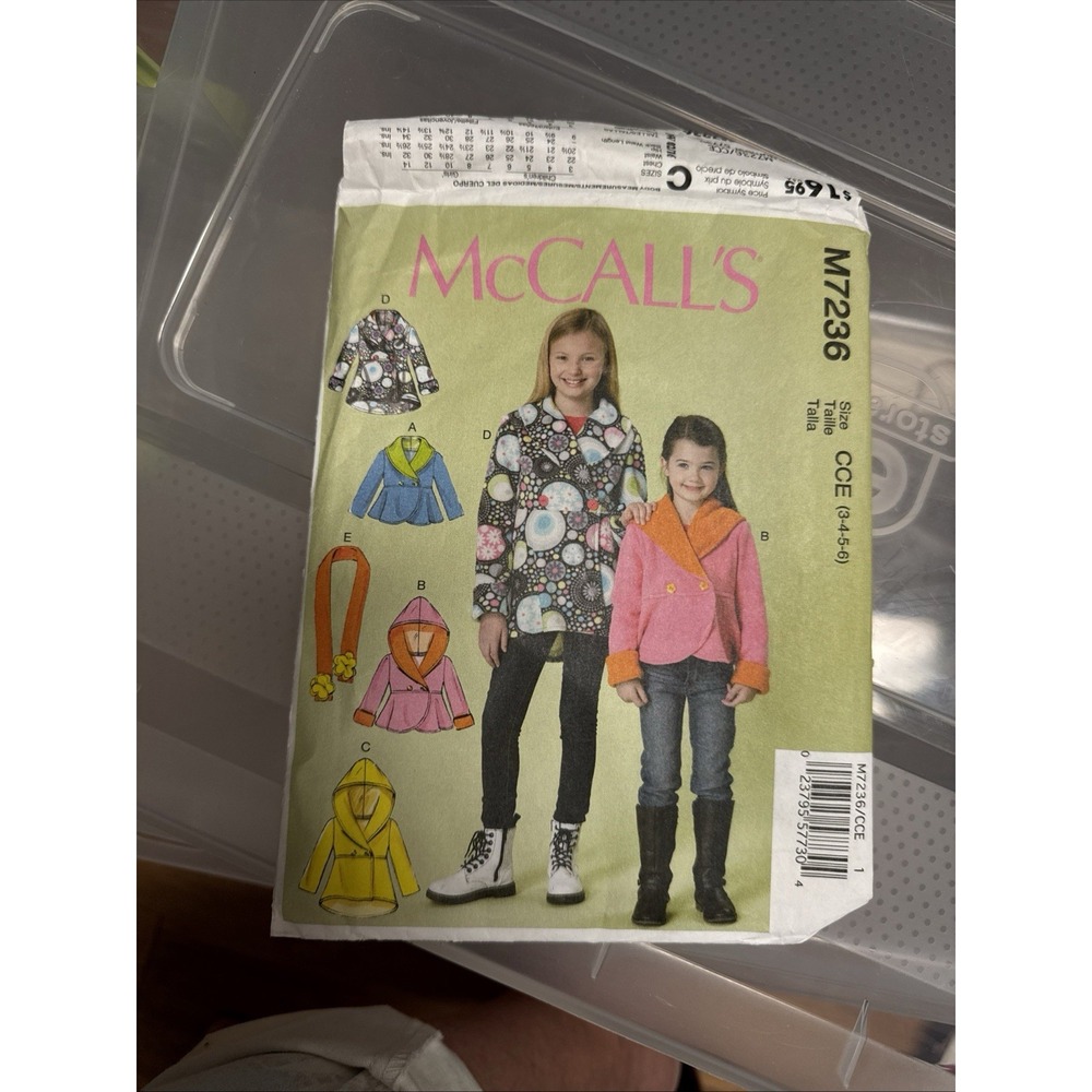 McCalls M7236 Girls Fleece Jackets Scarf Sewing Pattern CCE Sizes 3-6 Uncut